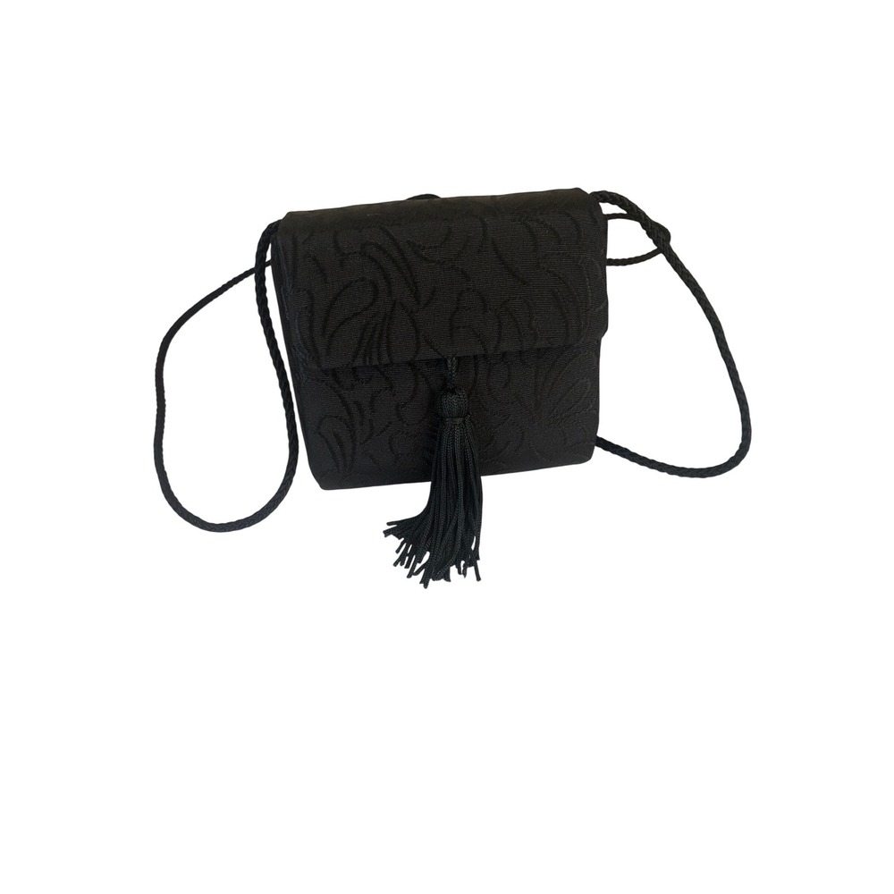 Macy's Vintage Black Jacquard Tassel Evening Bag pillbox Scroll Crossbody Purse